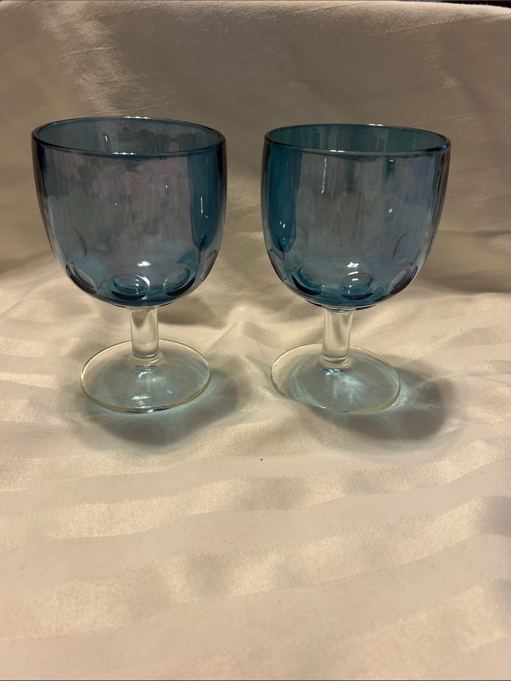 Vintage Mid-Century Modern Blue Thumbprint Glass Goblet Clear Stem Base Set of 2